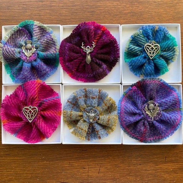 Harris Tweed Brooch // Scottish Scarf Pin // Tartan Hat Pin // Shawl Clip / Thistle - Stag - Celtic Heart - Highland Cow - Handmade Scotland