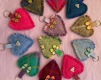 Mini Harris Tweed Heart Keyrings // Celtic Knot and Butterfly Scottish Key Fob // Bag Charm // Highland Key Chain // Handmade in Scotland
