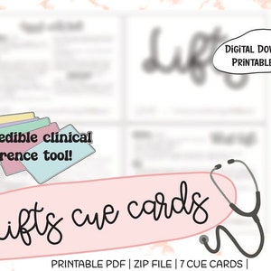 May include: A set of 7 printable cue cards for learning about lifts. The cards are pink and white with black text. The text on the cards reads "Lifts cue cards" and "Incredible clinical reference tool!" The cards are designed to be used as a study aid for healthcare professionals.