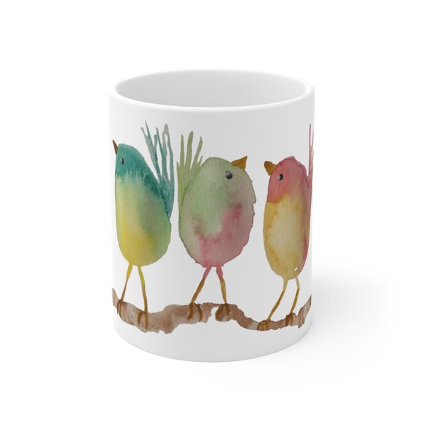 Cute Watercolor Birds Mug, Singing Birds Ceramic Mug, 11 Ounce Mug for Coffee Lover, Gift for Mom, Bird Lover Gift, Ornithologist Gift