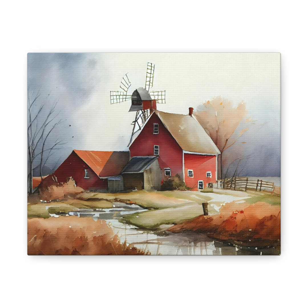 Farmhouse Red Barn Windmill Canvas Wall Art, Red Barn Windmill Canvas