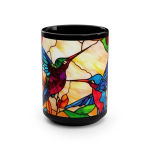 Large Hummingbirds Mug, Large Hummingbirds-Stained Glass Mug, 15 ounce Mug for Hummingbird Lover, Large Black Mug for Coffee Lover