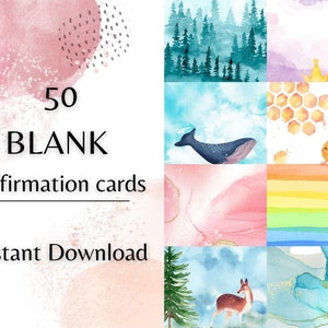 50 tarjetas de afirmación en blanco imprimibles, tarjetas de diario de descarga digital, tarjetas de nota de acuarela divertidas, tarjetas de atención plena