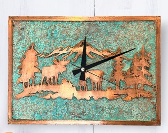 Copper Wall Clock | Copper Patina Wall Decor | Rustic Wall Art | Unique Gift | Deer Family Metal Wall Clock | Copper Kitchen Backsplash