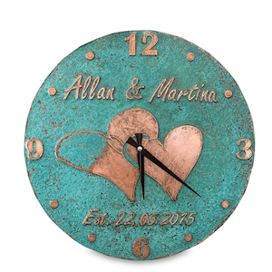 May include: A turquoise and copper-colored wall clock with two intertwined hearts. The clock face has Roman numerals and the text "Allan & Martina Est. 22.05.2015".