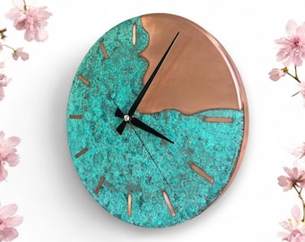 Handmade Patina Copper Wall Clock, Minimalist Retro Kitchen Decor