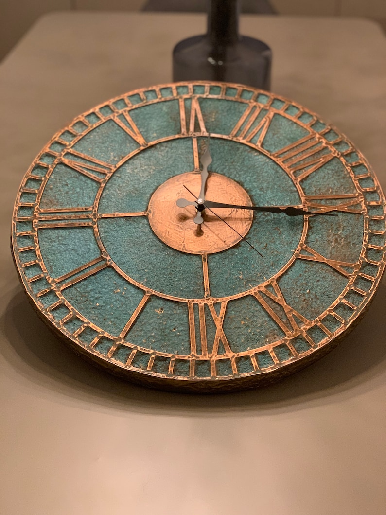 Farmhouse Rustic Wall Clock Copper Patina Art Minimalist Etsy