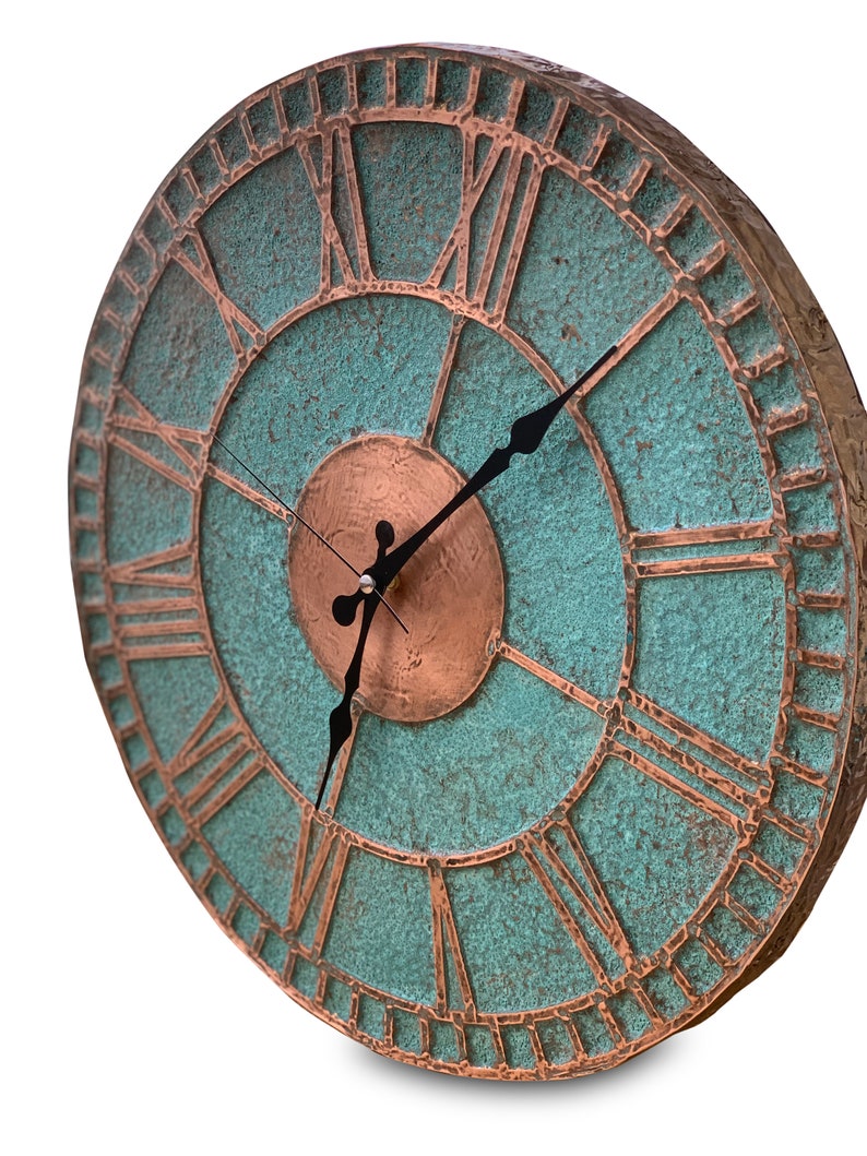 Farmhouse Rustic Wall Clock Copper Patina Art Minimalist Wall Clock Metal Wall Hanging Decor Anniversary Gift For Him image 4