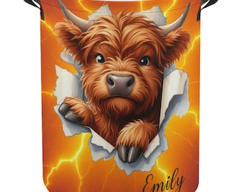 Personalized Highland Cow Laundry Hamper, Custom Name Cute Animals Peeking Clothes Basket, Rustic Farmhouse Storage Bin