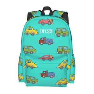 Sac à dos avec nom personnalisé avec voiture de bande dessinée pour garçons filles, sac de voyage avec texte personnalisé pour hommes et femmes