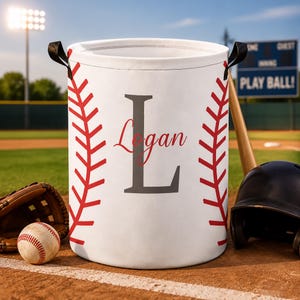 Monogrammed Baseball Laundry Basket with Custom Name, Personalized Sports Clothes Hamper for Room, Athlete Gift, Kids Storage Bin