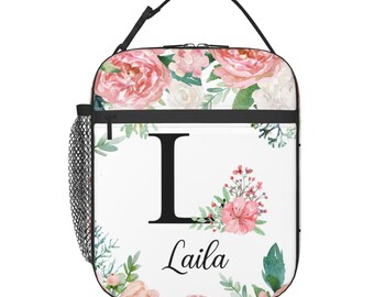 パーソナライズされたイニシャルランチバッグ：断熱花柄ランチトート