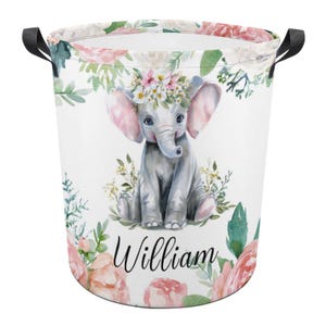 Personalisierter Wäschekorb mit Name und Elefant, Wäschekorb individuell mit Namen Geschenke für Kinder Baby mit Griff für Badezimmer Wohnzimmer