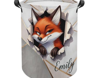 Personalized Fox Laundry Hamper, Custom Name Cute Animals Peeking Clothes Basket, Kids Room Toy Storage Organizer Bin