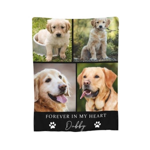 May include: A rectangular fleece blanket featuring a four-panel photo collage of golden-colored dogs. The bottom black section displays the white text "FOREVER IN MY HEART" above the name "Dubby" and two white paw print icons on each side.