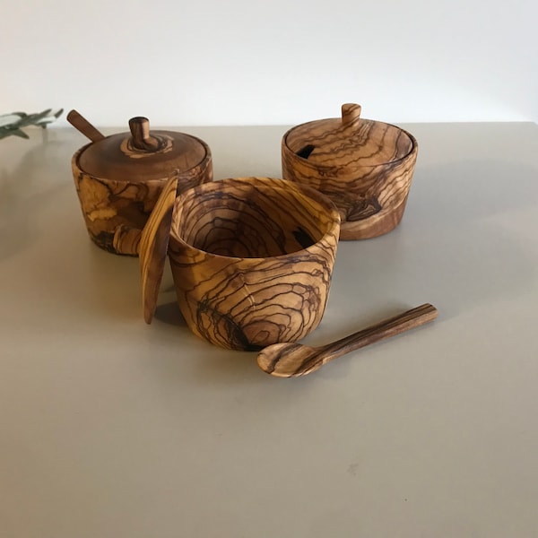 Salt Cellar with Lid Spoon, Salt Pig, Olive Wood Salt Keeper