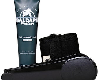 BALDAPE PARLOUR Kit de depilación corporal y de espalda con crema depilatoria para hombres, aplicador extensible y esponja vegetal