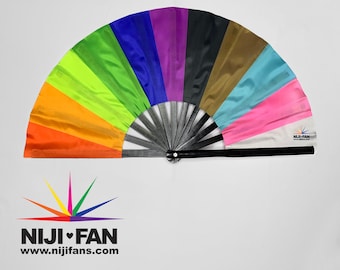 May include: A rainbow-colored fabric fan with a black handle and a white label that says "NIJI-FAN www.niijifans.com".