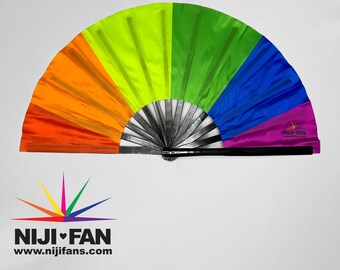 May include: A rainbow-colored fan with a black handle. The fan is open, displaying vibrant hues of orange, yellow, green, blue, and purple. The fan's brand name, NIJI FAN, is printed in white text below the fan.