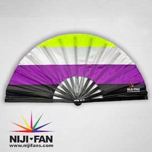 May include: A black, white, purple, and yellow hand fan with a black handle. The fan is decorated with the colors of the ace flag. The fan is open and the handle is visible. The fan is made of silk and has a black handle. The fan is a traditional Japanese hand fan.
