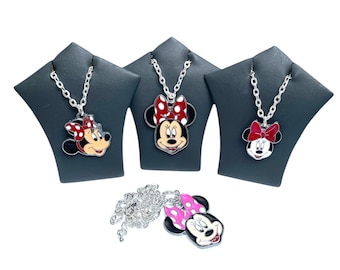 Minnie, Mickey Mouse's Girlfriend Necklace Enamel Pendant Charm Silver Plated Chain