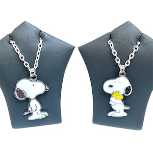 Cartoon Snoopy & Woodstock Halskette Emaille Anhänger an einer versilberten Kette und Schlüsselring