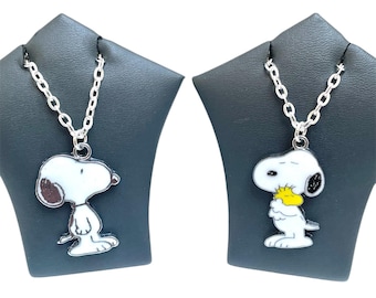 Cartoon Snoopy & Woodstock Necklace Enamel Pendant On A Silver Plated Chain and Keyring