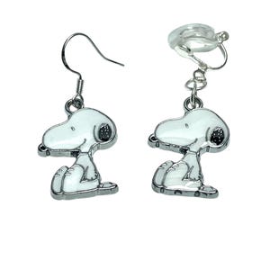 Cartoon Dog Snoopy Silver Plated Hypoallergenic Dangle Drop or Clip On Enamel Earrings