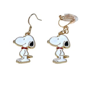 Cartoon Dog Snoopy Gold Plated Hypoallergenic Dangle Drop or Clip On Enamel Earrings