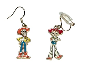 Cartoon Woody and Jessie Gold or Gold Plated Dangle Drop / Clip On Earrings & Keyring