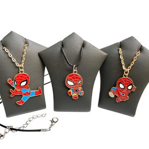 Superhero Spider-Man Necklace - Enamel Pendant Charm On Black Braided Cord or Gold Plated Chain and Keyring