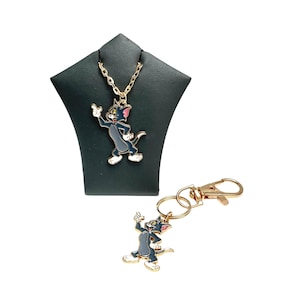 Cartoon Tom & Jerry Inspired Tom Necklace - Enamel Pendant Charm On A Light Gold Plated Chain and Keyring