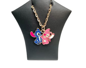 Cartoon Stitch and Angel Necklace Enamel Pendant On Gold Plated Chain & Keyring