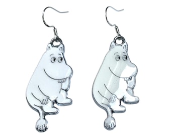 Pendientes colgantes o de clip con diseño de Moomin de dibujos animados y llavero de plata 925 o chapada en oro.
