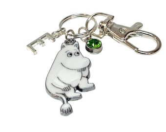 Personalised Moomin Inspired Keyring Crystal Birthstone & Initial Letter Charm Silver Finish