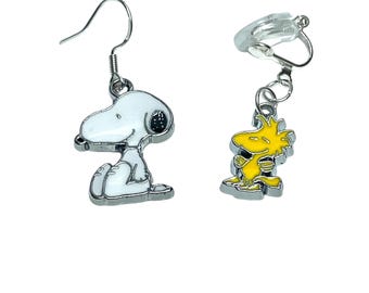 Cartoon Dog Snoopy & Tiny Woodstock 925 Silver Or Plated Dangle Drop / Clip On Earrings and Keyring