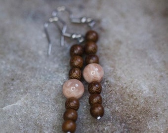 Moon Stone - Boho pearl earrings with moonstone and wooden beads, ear hooks made of sterling silver, vintage jewelry, natural materials,gift