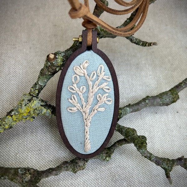 Necklace with pendant, hand-embroidered tree on french linen fabric, statement piece, mini-hoop