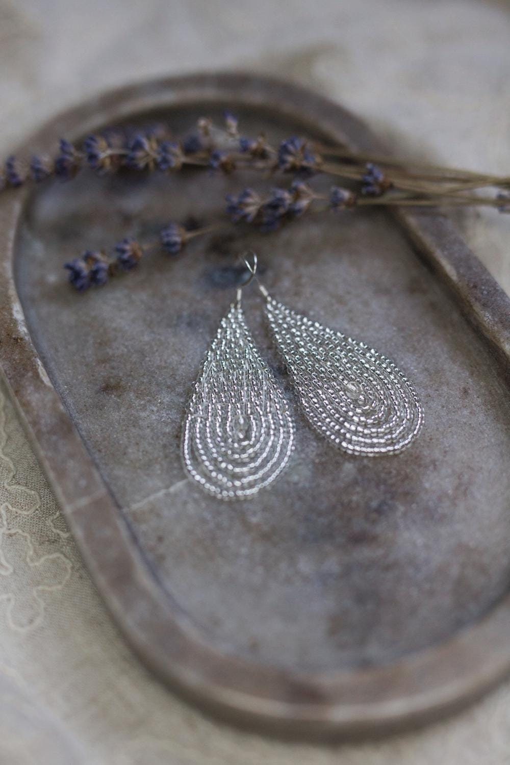 Hand-knotted bead earrings, silver earrings, teardrop shape, bridal jewelry, Miyuki seed beads, festive earrings, brick stitch, bead weaving