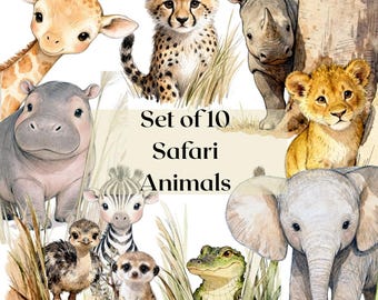 Watercolor Baby Safari Animals Clipart Set, Nursery Jungle PNG (Digital Download)