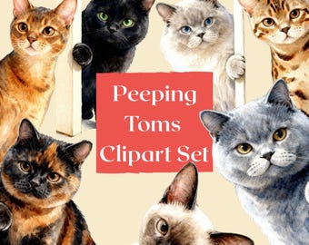 Watercolor Cat Clipart Bundle | Peeking Cats Illustration (14 PNGs)
