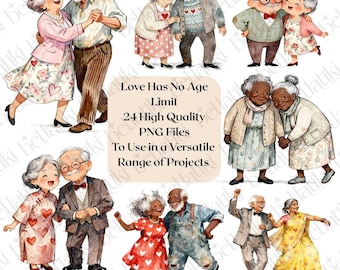 Elderly Couple Clipart, Whimsical Romance Illustrations (PNG Digital Download)