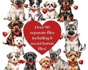 Valentine's Puppy Clipart Bundle, Dog with Roses PNG Files