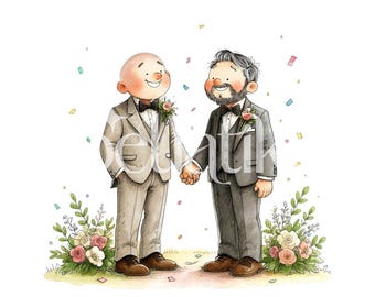 Gay Wedding Clipart Set, Watercolor Groom Couple Illustration (Digital Download