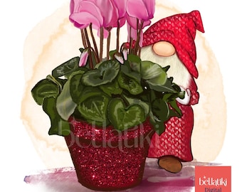 Christmas Gnome and Cyclamen PNG Clip Art, Commercial Use (Digital Download)