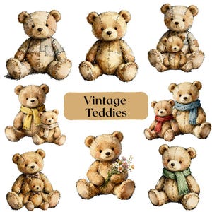 May include: A watercolour illustration featuring several vintage teddy bears in different poses. Some bears are wearing scarves or have patches. The text "Vintage Teddies" is displayed on a tan background.