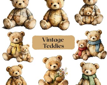 Watercolor Vintage Teddy Bear Clip Art, Patchwork Nursery Bears (PNG Digital Download)