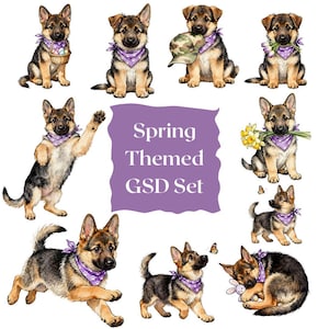 May include: Watercolour illustrations of German Shepherd puppies in various poses, wearing purple bandanas. Some puppies hold Easter eggs, a camouflage hat, daffodils, and a stuffed bunny. The text "Spring Themed GSD Set" is in a purple shape.