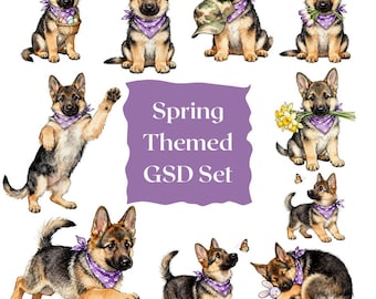 Spring German Shepherd Puppy Clip Art | Easter GSD PNG Bundle (Digital Download)