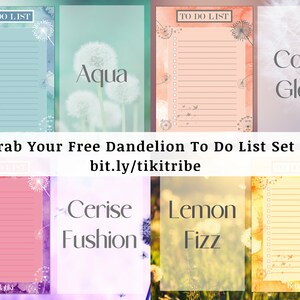 Peut inclure: Un ensemble de quatre listes de choses &agrave; faire imprimables avec des illustrations de pissenlits et des arri&egrave;re-plans aquarelle. Les titres des listes sont "Aqua", "Coral Glow", "Cerise Fushion" et "Lemon Fizz".